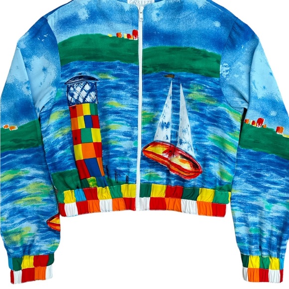 Breeze by Dorothy Schoelen colorful nautical all over print zip up crop jacket S - Picture 4 of 6